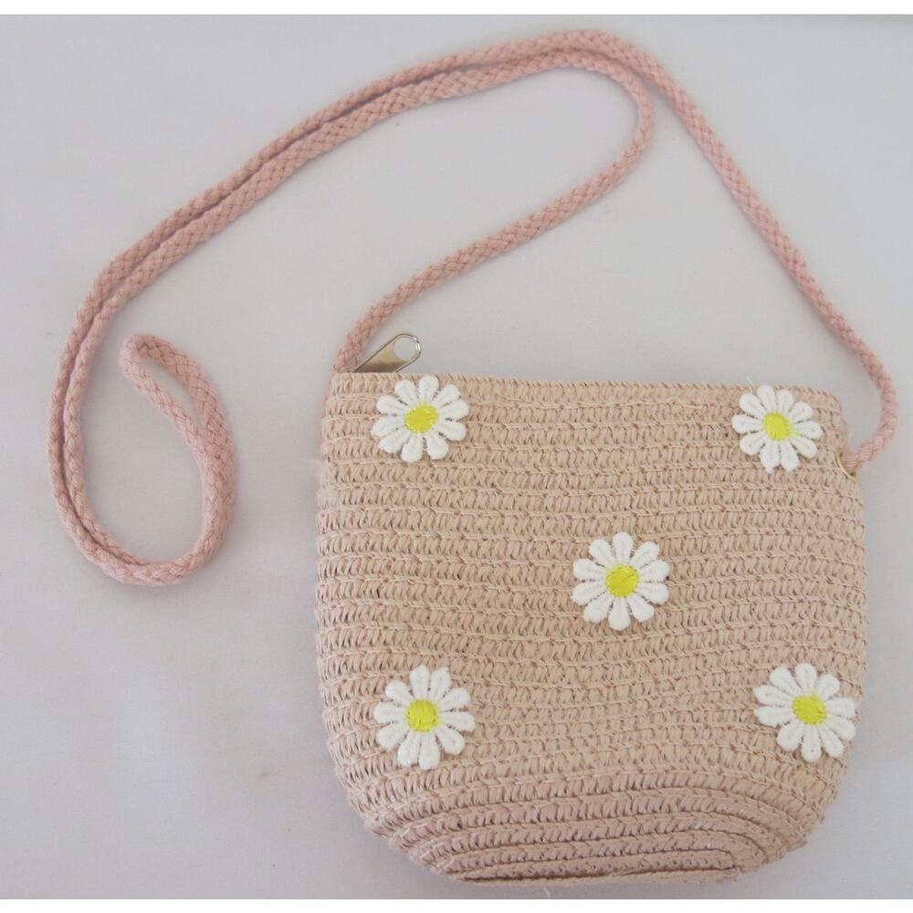 Woven Straw Crossbody Purse NWT Girls Mini Daisy Zipper Spring Easter Pink